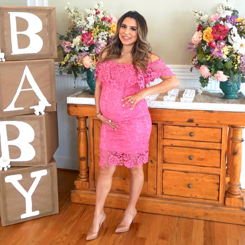 Lace hot pink off the shoulder dress